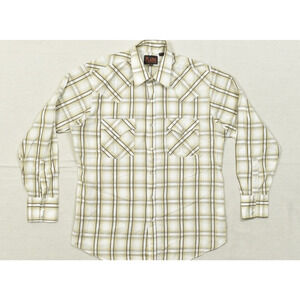 Plains Western Wear Shirt Mens Medium Pearl Snap Long Sleeve Plaid Tan White